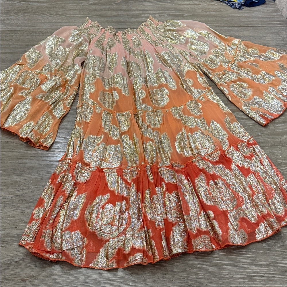 Gold Floral-Accent Orange Tiered Skater Skirt